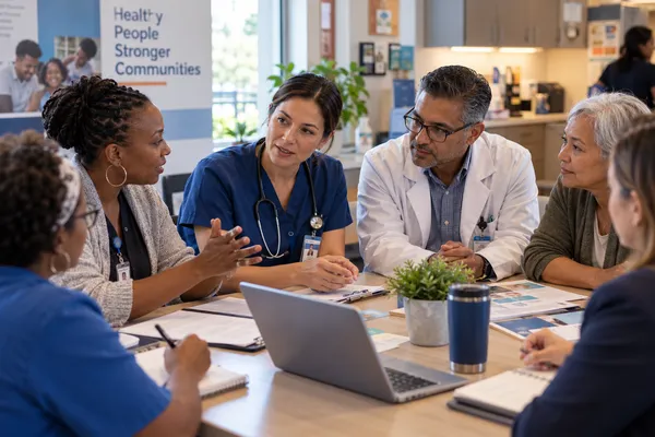 A community care team meets around a table at a local clinic